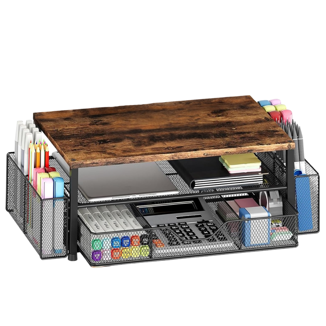 2-Tier Metal Monitor Stand with Drawer and Side Storage Organizer