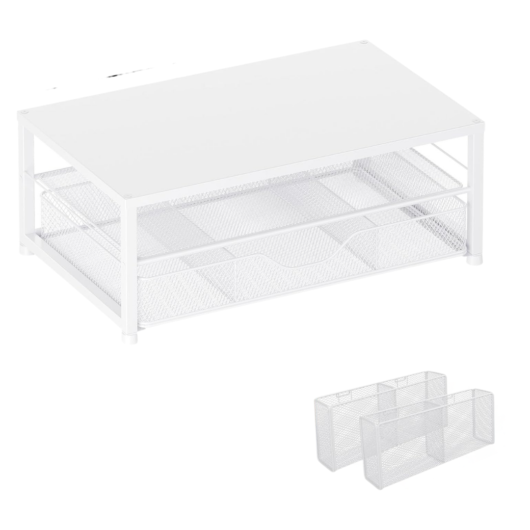 2-Tier Metal Monitor Stand with Drawer and Side Storage Organizer