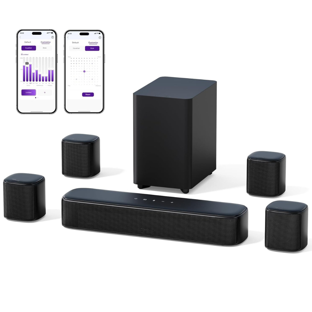 7.1ch Virtual Surround Sound Bar with Subwoofer & 4 Surround Speakers