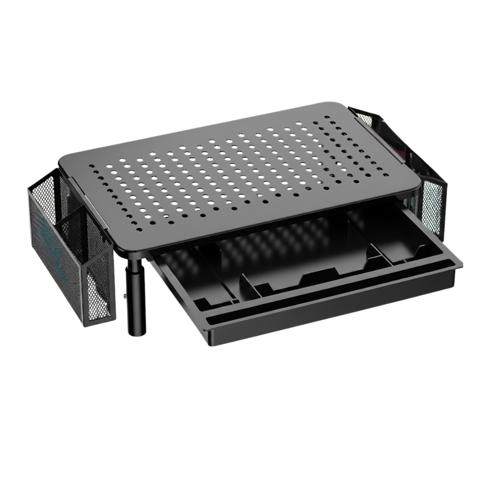 Adjustable Monitor Riser with Pull-Out Storage and Ventilated Platform