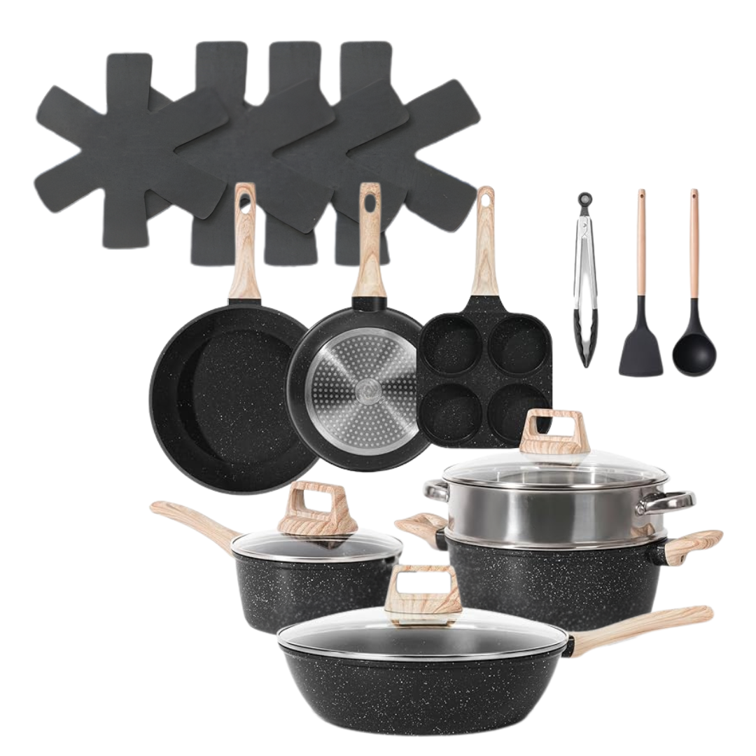 Aluminum Nonstick Cookware Set with Granite Coating & Glass Lids
