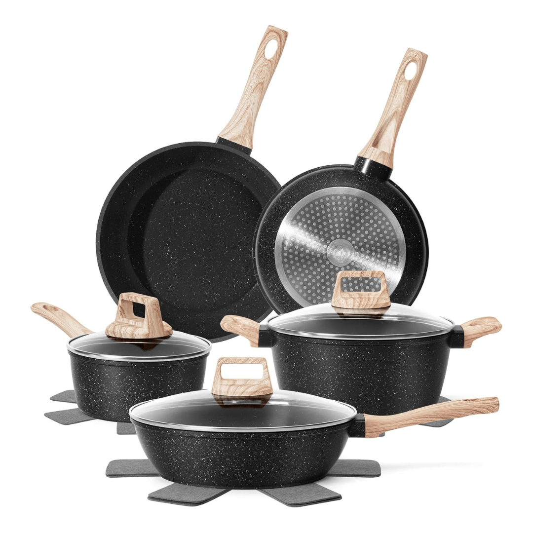 Aluminum Nonstick Cookware Set with Granite Coating & Glass Lids