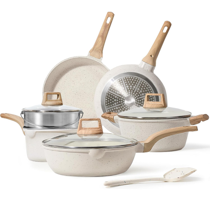 Cream White Granite Nonstick Cookware Set, Multi-Stovetop Compatible