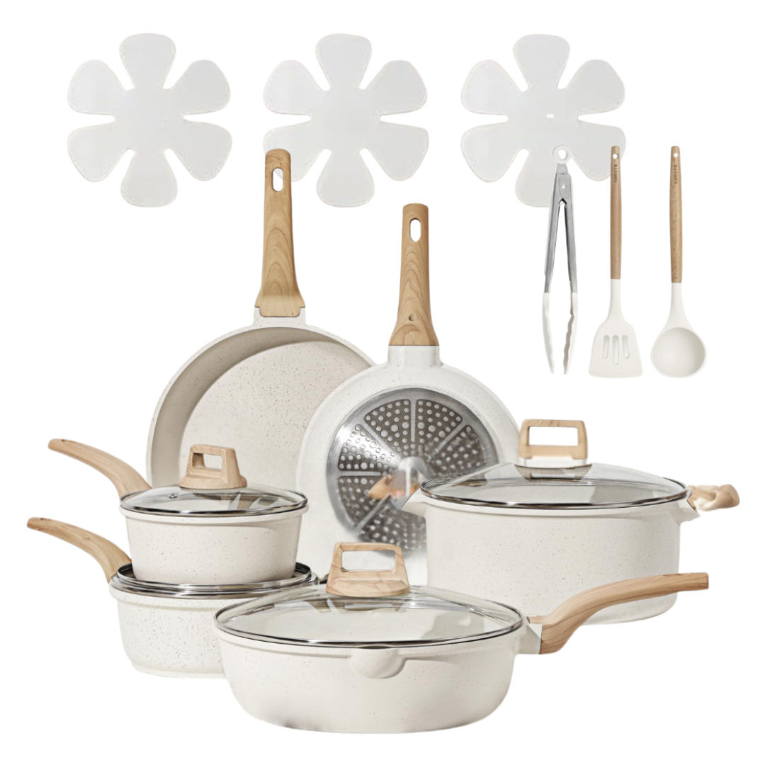 Cream White Granite Nonstick Cookware Set, Multi-Stovetop Compatible