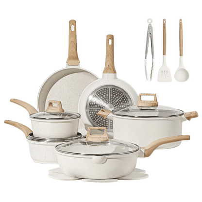Cream White Granite Nonstick Cookware Set, Multi-Stovetop Compatible