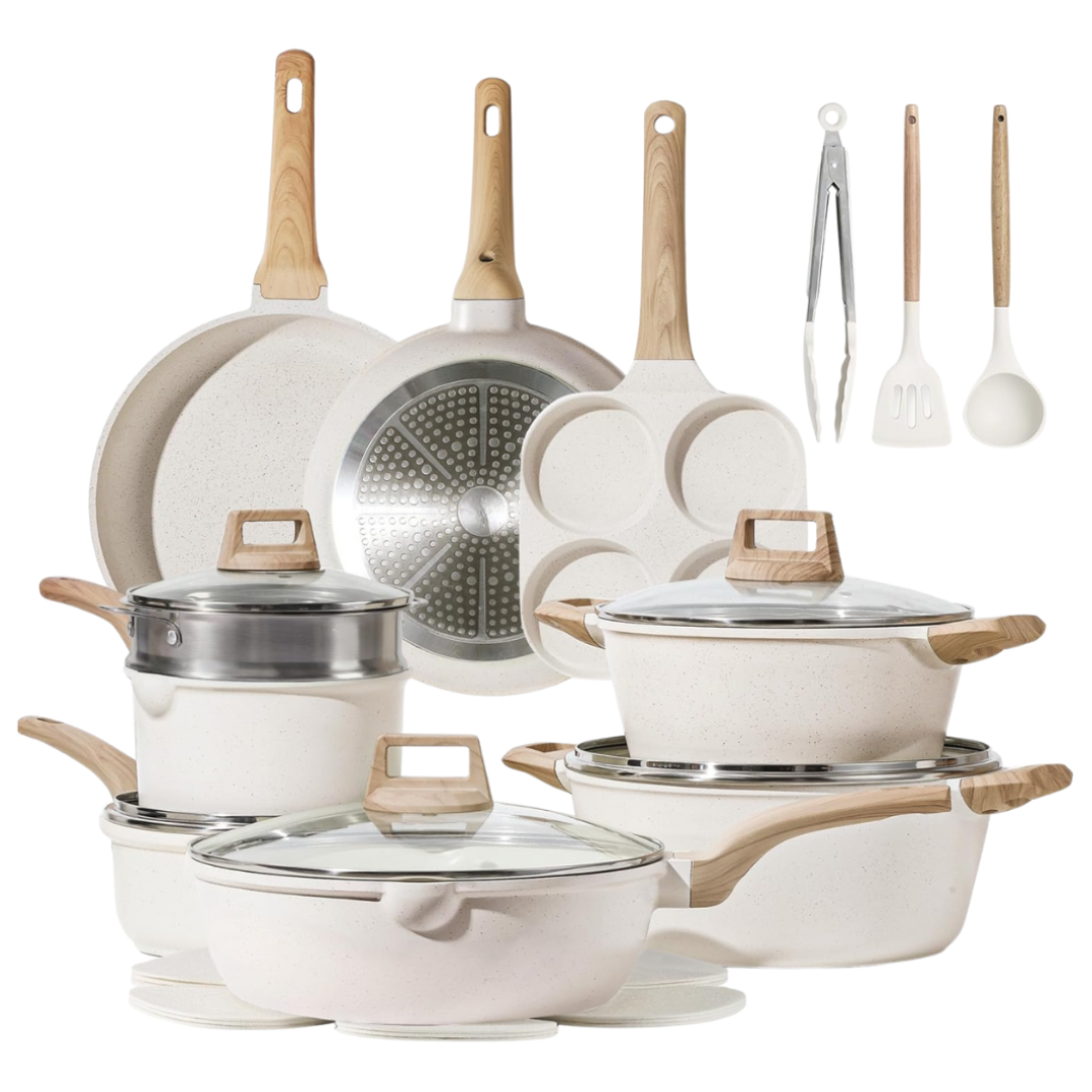 Cream White Granite Nonstick Cookware Set, Multi-Stovetop Compatible