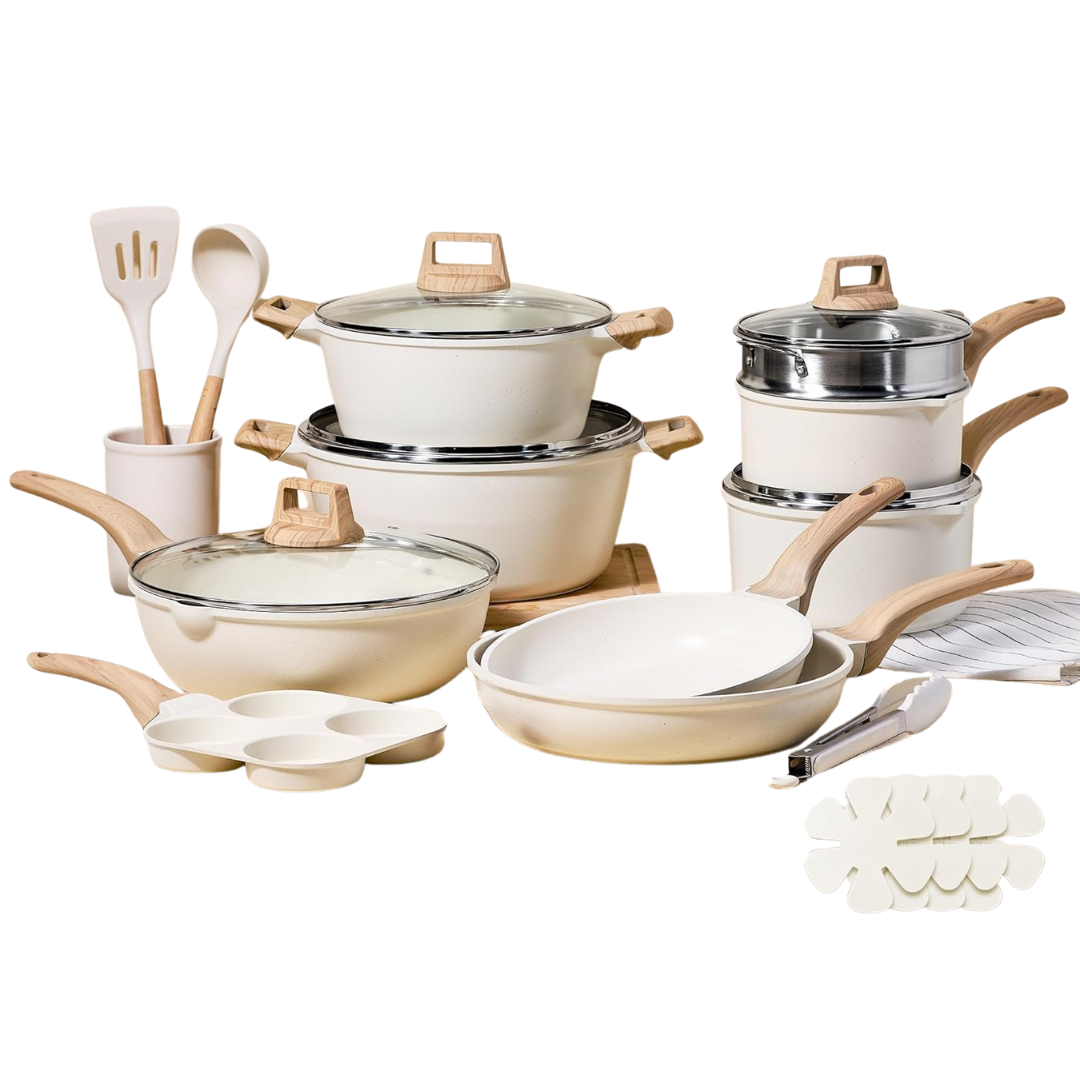 Cream White Granite Nonstick Cookware Set, Multi-Stovetop Compatible
