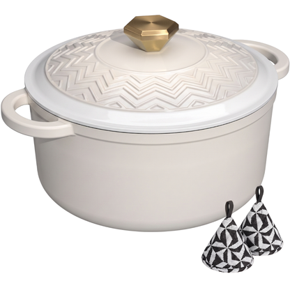 Enameled Cast Iron Dutch Oven with Moisture-Seal Lid and Potholders