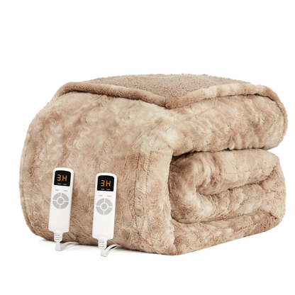 Faux Fur Sherpa Electric Heated Blanket with 9 Levels and Auto Off