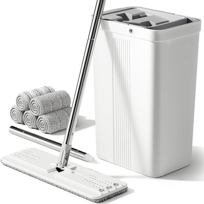 Flat Mop and Bucket Set with Long Handle, Wringer and Microfiber Pads