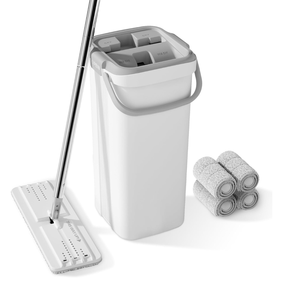 Flat Mop and Bucket Set with Microfiber Pads for Hardwood Floors