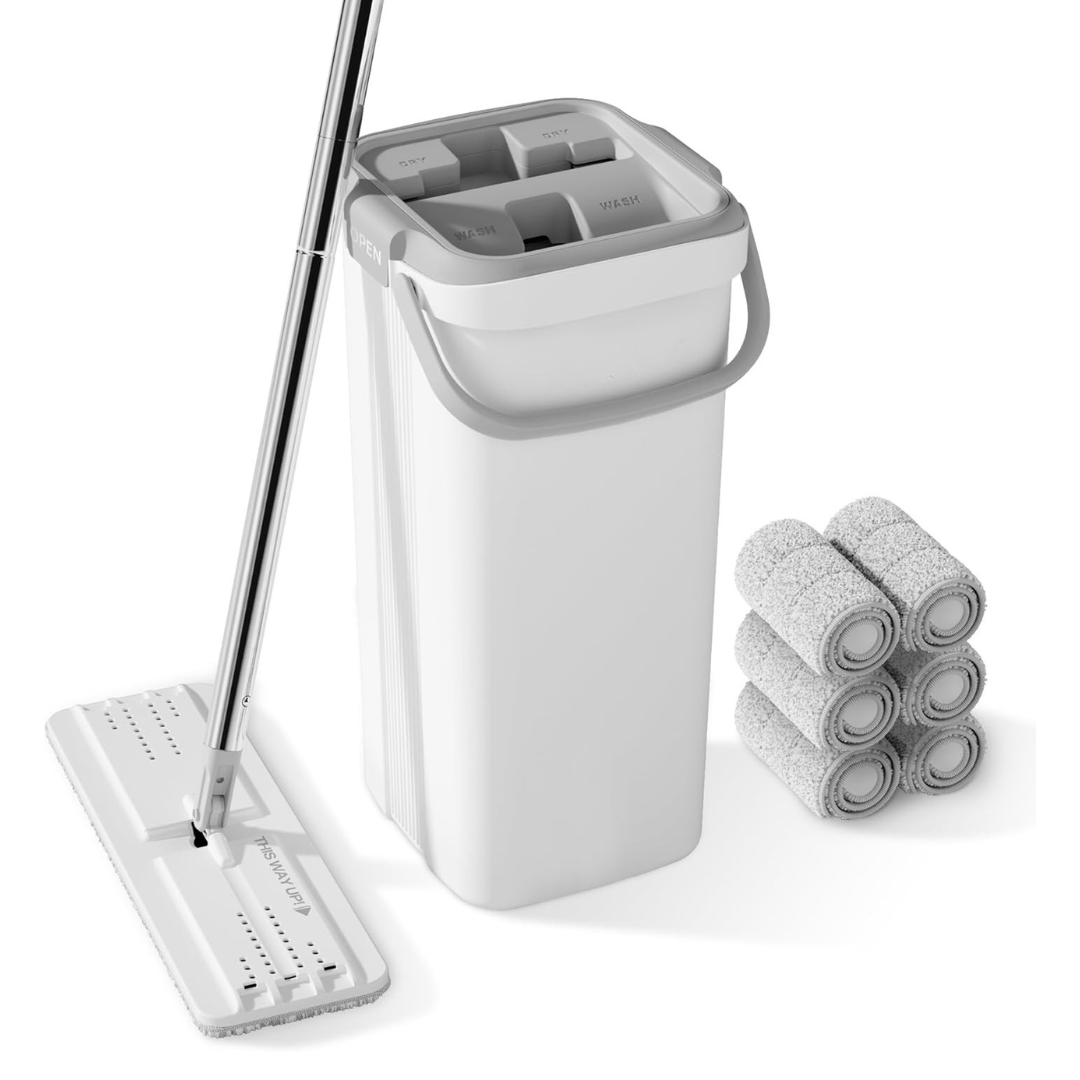 Flat Mop and Bucket Set with Microfiber Pads for Hardwood Floors
