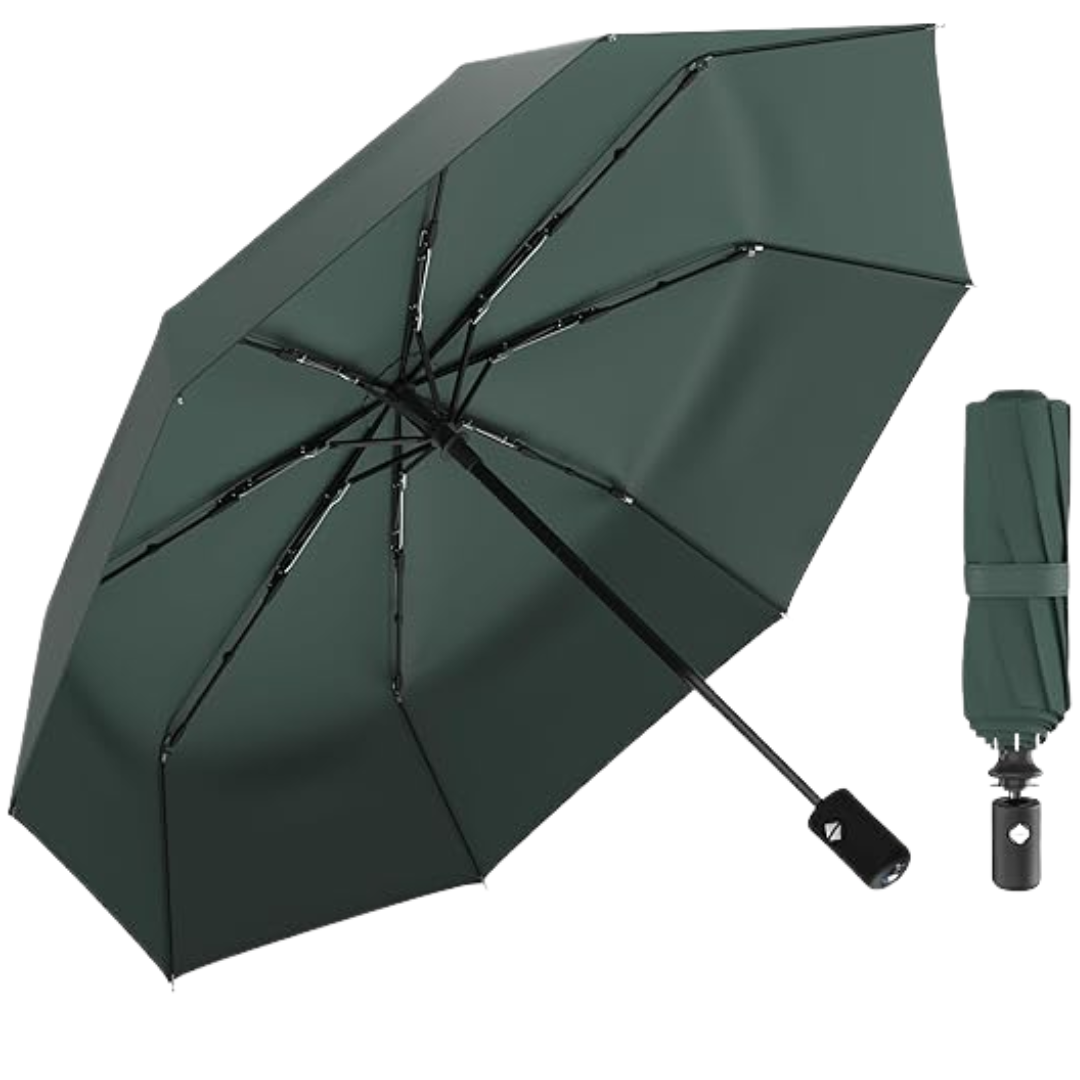Folding Travel Umbrella with Auto Open Close and Fiberglass Ribs