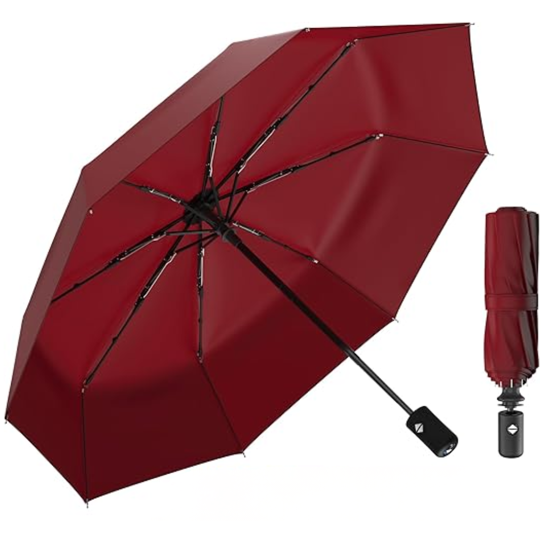 Folding Travel Umbrella with Auto Open Close and Fiberglass Ribs