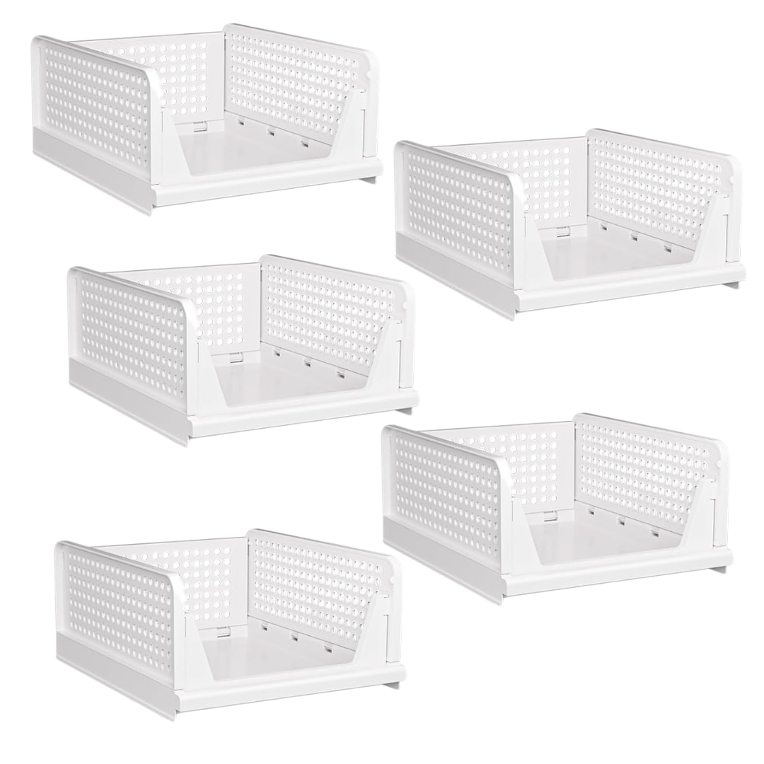 Stackable Closet Organizer Bins 5 Pack with Half Pull Rail, Foldable