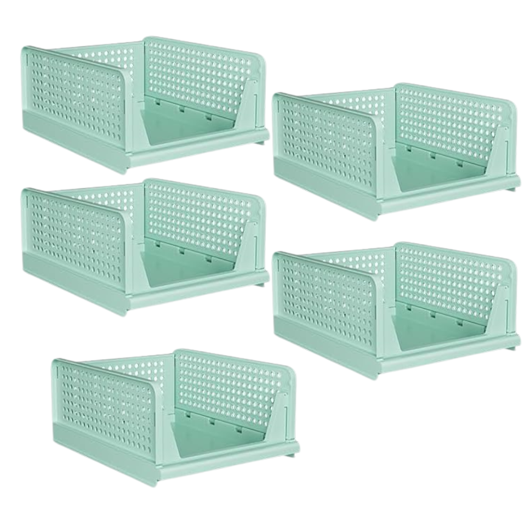 Stackable Closet Organizer Bins 5 Pack with Half Pull Rail, Foldable
