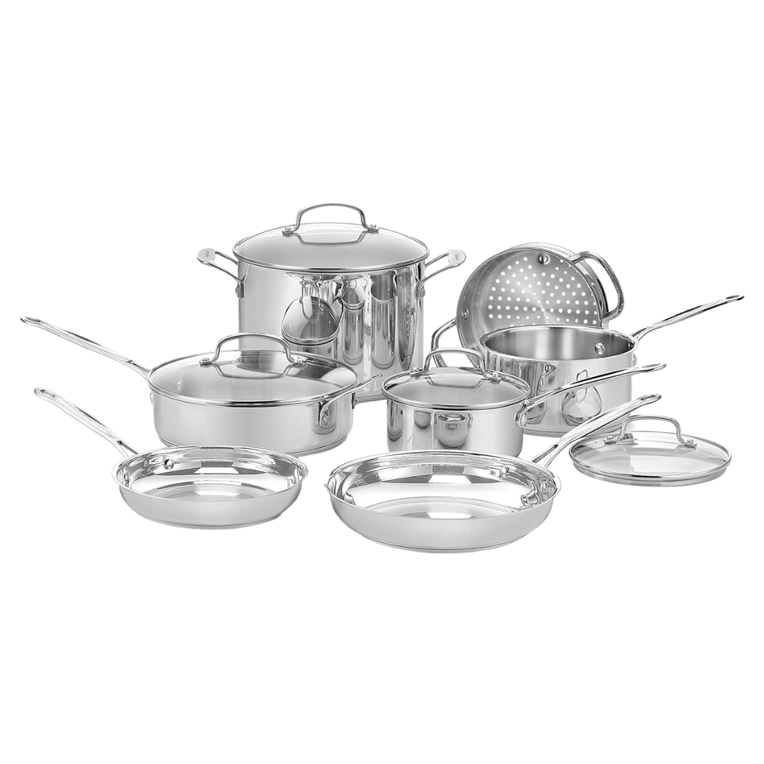 Stainless Steel Cookware Set with Glass Lids & Even Heat Base