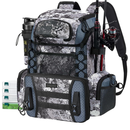 Water-Resistant Fishing Backpack with Rod Holders & 4 Tackle Boxes