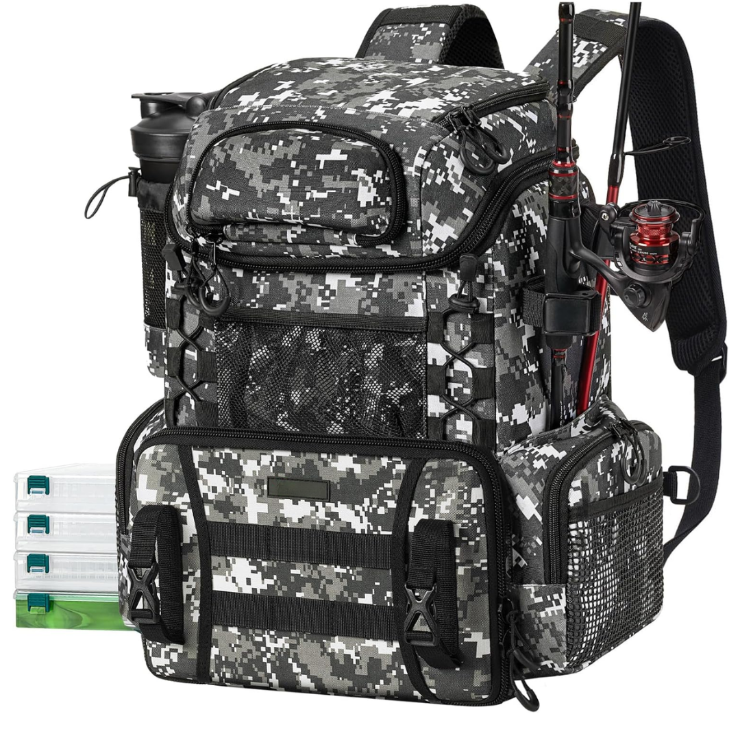 Water-Resistant Fishing Backpack with Rod Holders & 4 Tackle Boxes